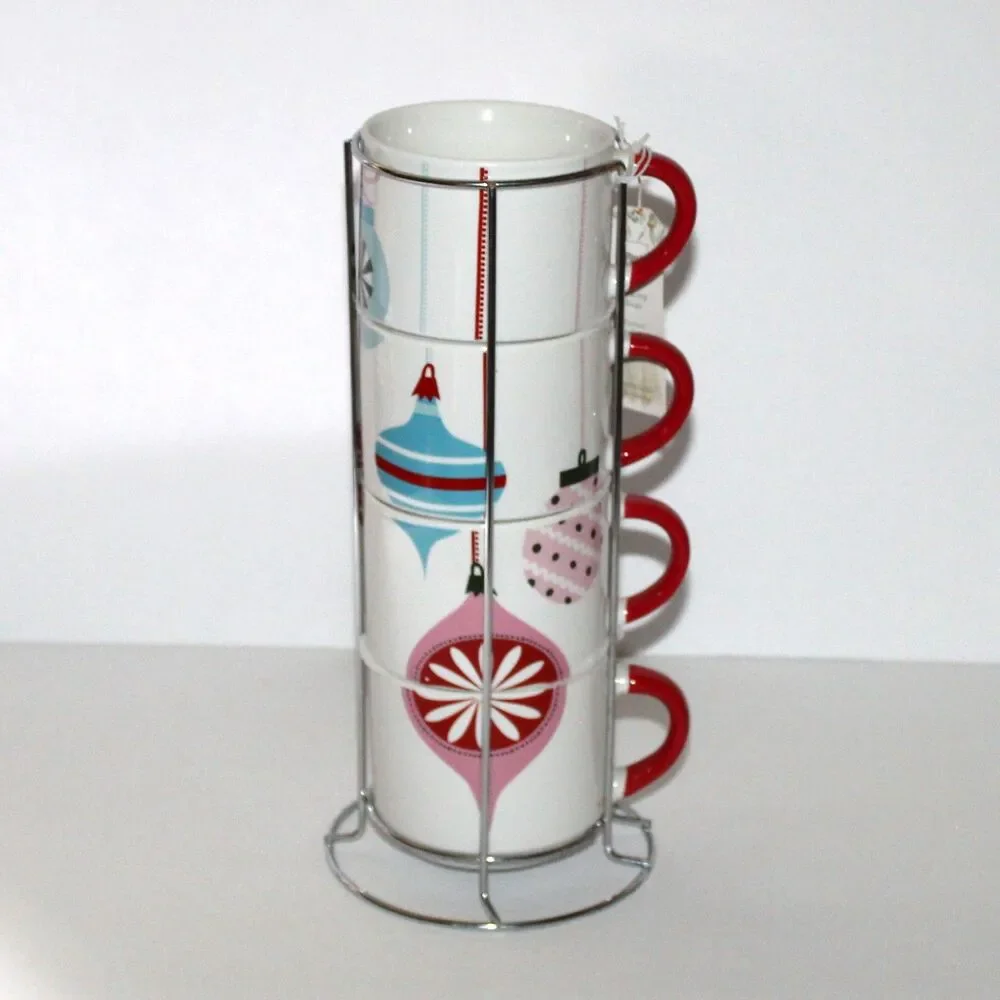 Pier 1 set 4 Stacking Mugs on metal stand Christmas ornaments